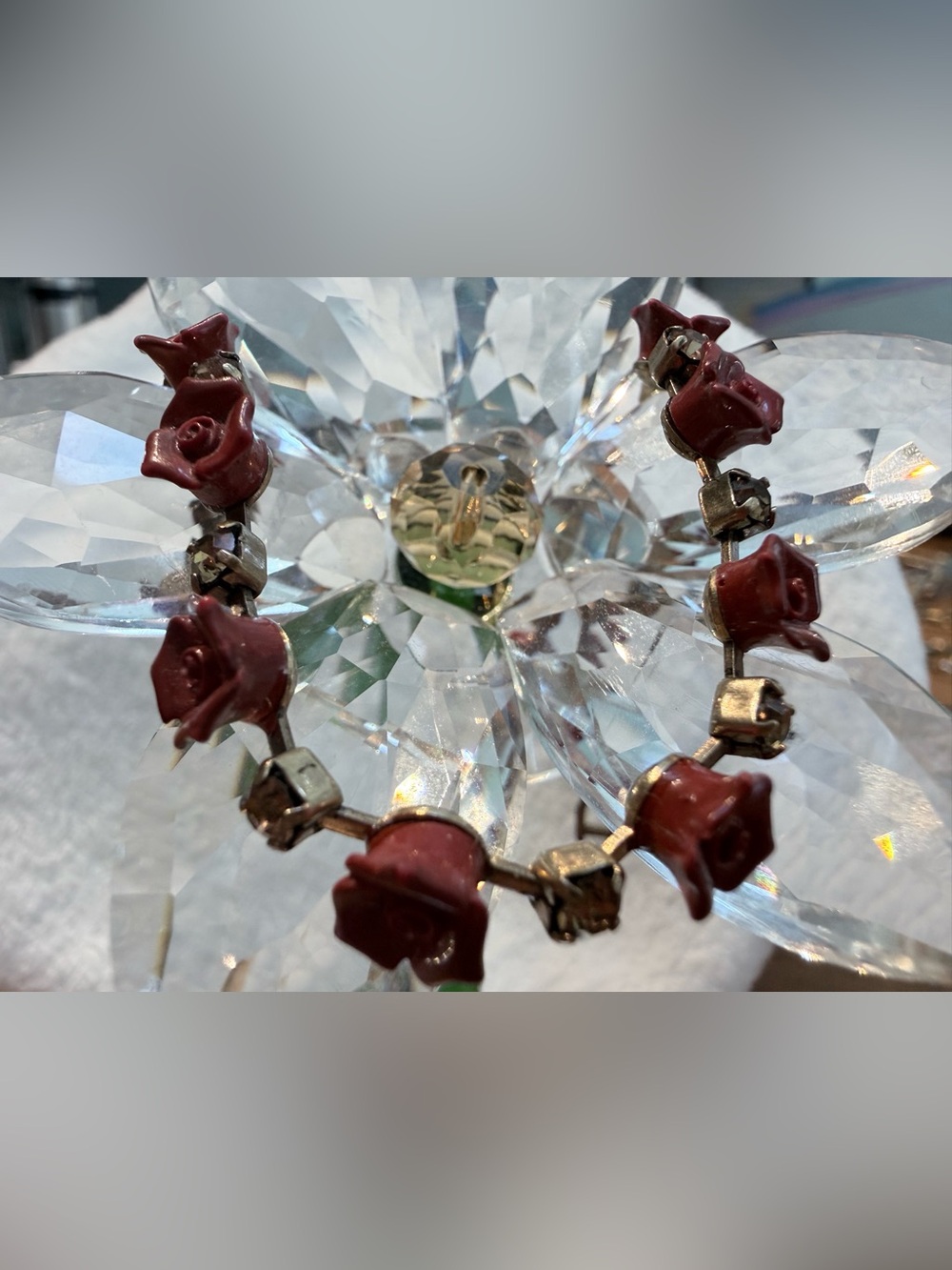 Vintage Bracelet with Deep Resin Rose flowers and the rhinestone